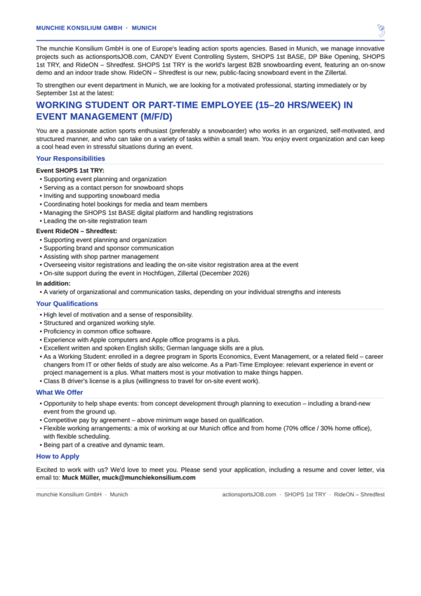 WERKSTUDENT/IN ODER TEILZEITKRAFT (15–20 Std./Woche) IM EVENTMANAGEMENT (M/W/D)