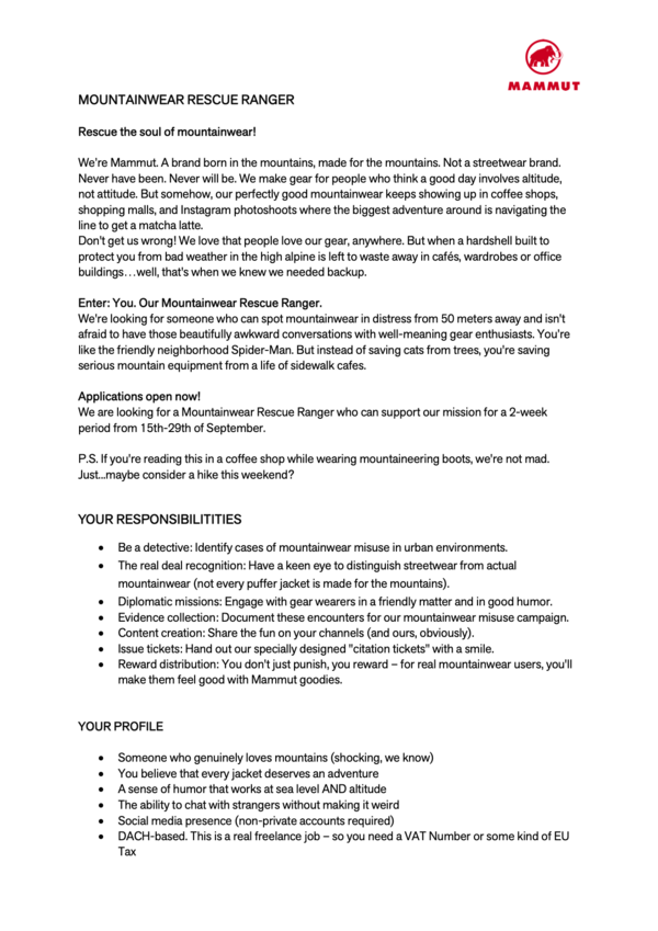 MOUNTAINWEAR RESCUE RANGER (m/w/d), 2-week part time mission