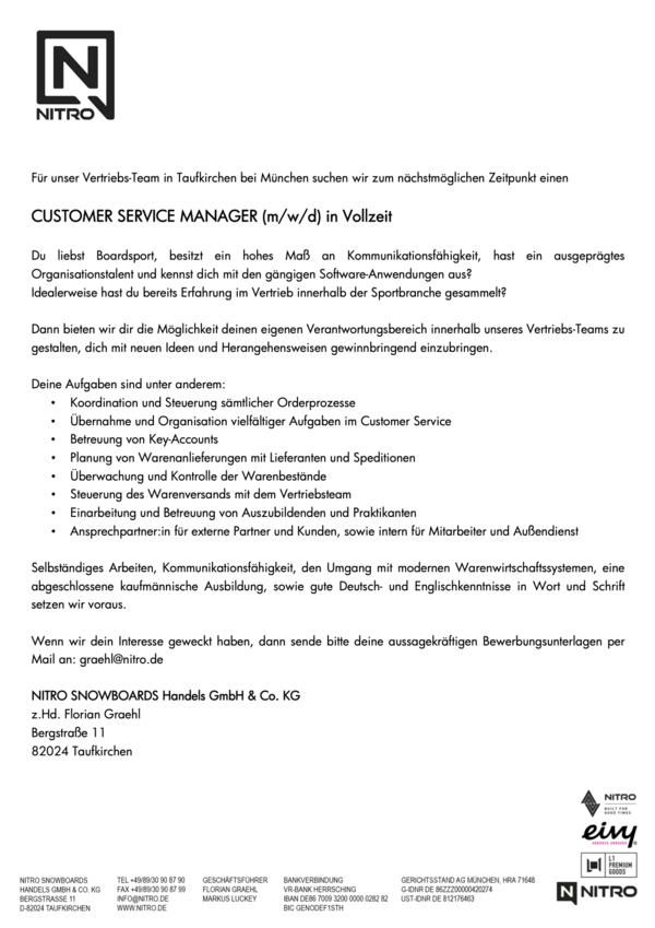 CUSTOMER SERVICE MANAGER (m/w/d) in Vollzeit