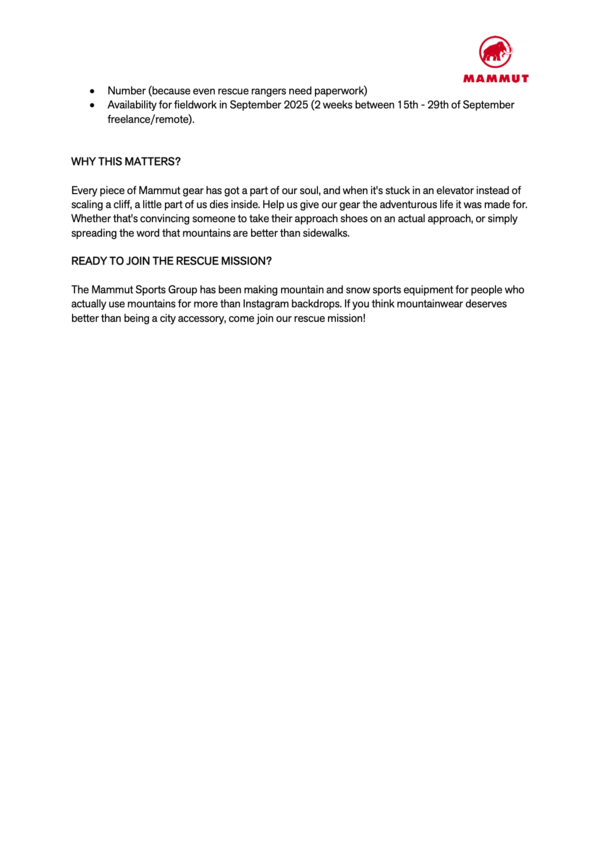 MOUNTAINWEAR RESCUE RANGER (m/w/d), 2-week part time mission