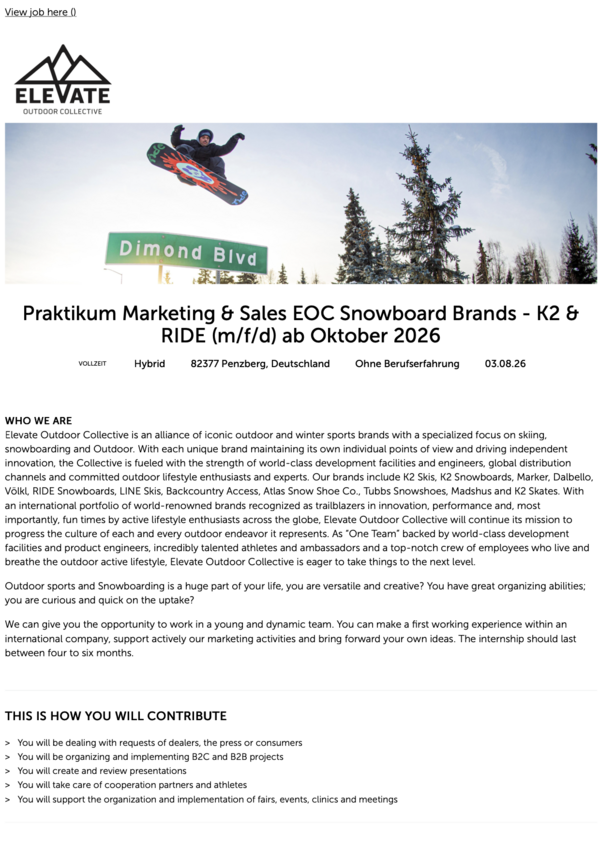 Praktikum Marketing & Sales K2 Snowboarding & RIDE (m/f/d)