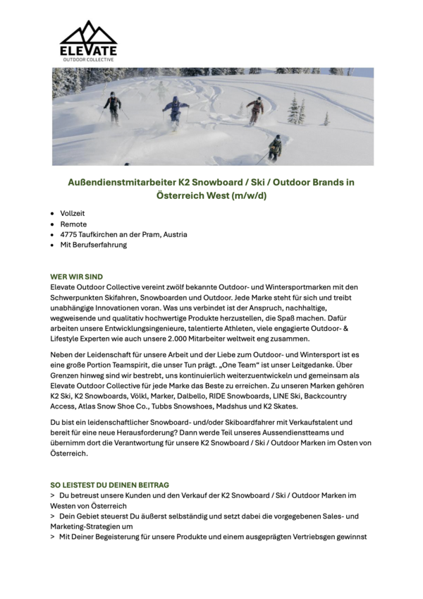 Außendienstmitarbeiter*in K2 Snowboard/Ski/Outdoor Österreich West (m/w/d)