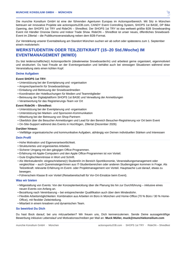 WERKSTUDENT/IN ODER TEILZEITKRAFT (15–20 Std./Woche) IM EVENTMANAGEMENT (M/W/D)